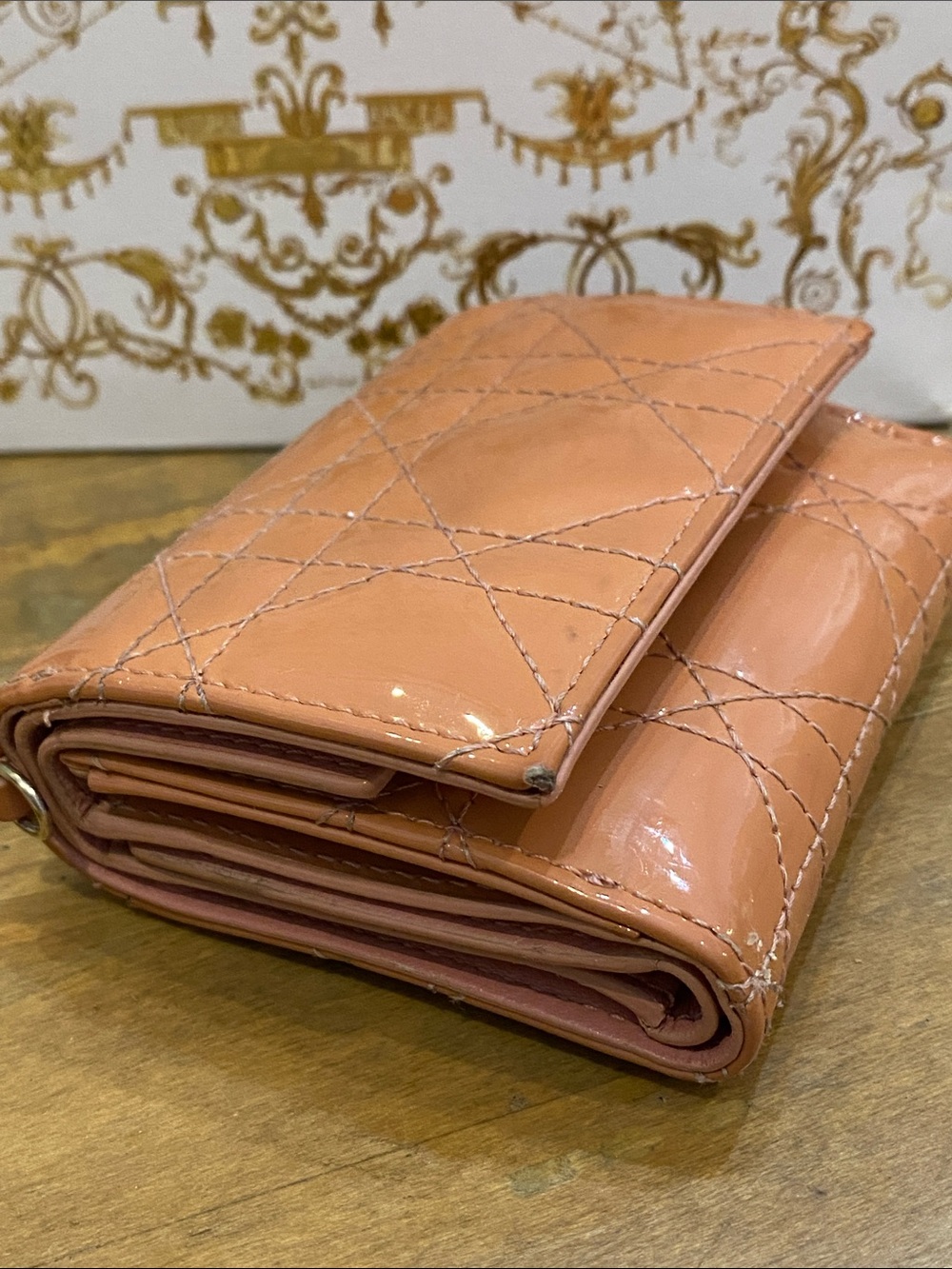 Lady Dior Lotus Quilted Patent Leather Cannage Wallet in Peachy Pink - Picture 9 of 13